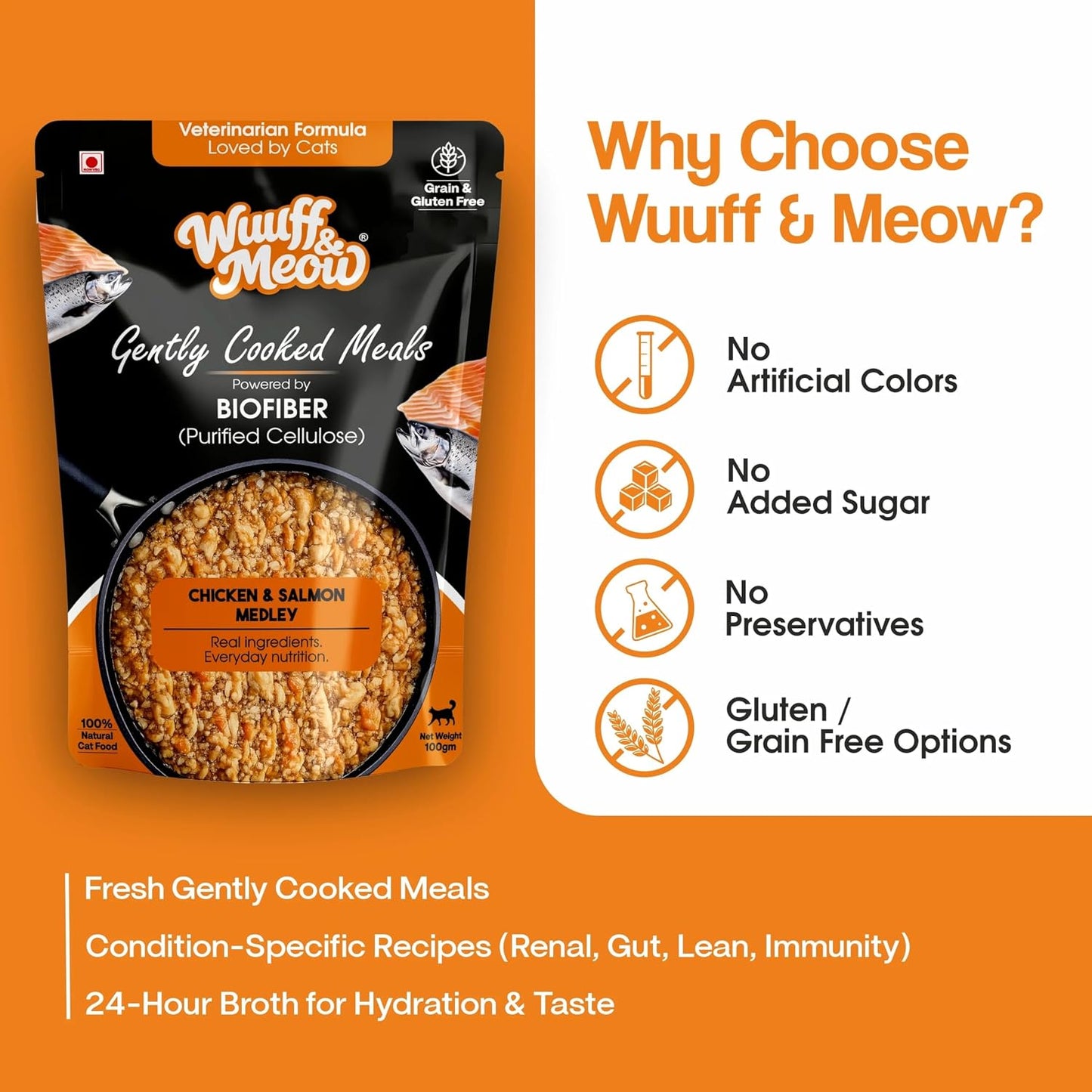 Wuuff & Meow Gently Cooked Wet Cat Food – Chicken & Salmon Medley Cat Meal | High Protein, Grain Free | Powered by BIOFIBER™ with Arbocel® | Vet-Formulated | (100 g (Pack of 1))