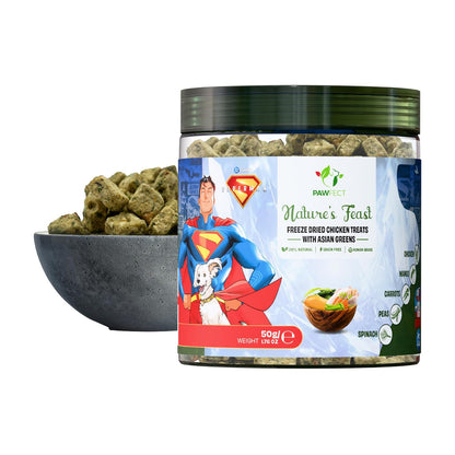 Pawfect Nature's Feast Freeze-Dried Treats with Asian Greens for Dogs | Superman Edition | 80% Chicken, 20% Veggies & Fruits|100% Natural|Grain-Free|High Protein Training Treat (50g/1.76oz)