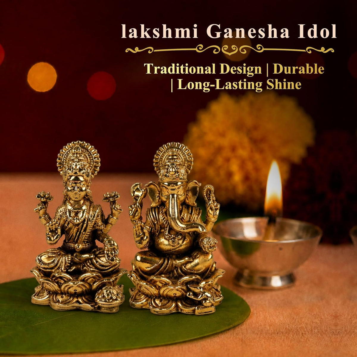 1.5 Inch Pure Brass Lord Ganesha & Maa Lakshmi Idol Set for Home Temple, Mandir & Office Desk | Decorative Pooja Murti Combo for Pooja, Diwali, Festive Gifting & Spiritual Decor