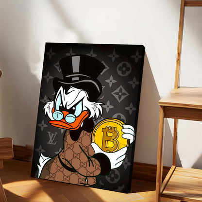 Luxury Money Duck Pop Art Canvas Wall Art Painting For Living Room | Cartoon Style Crypto Wealth Wall Art Painting | Modern Graffiti Artwork for Home & Office Décor, 41x56 cm
