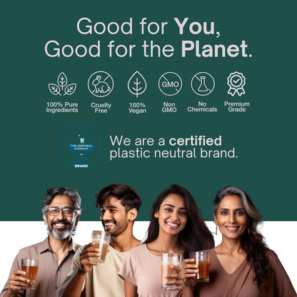 Group of people holding glasses with a green background and text about sustainability.