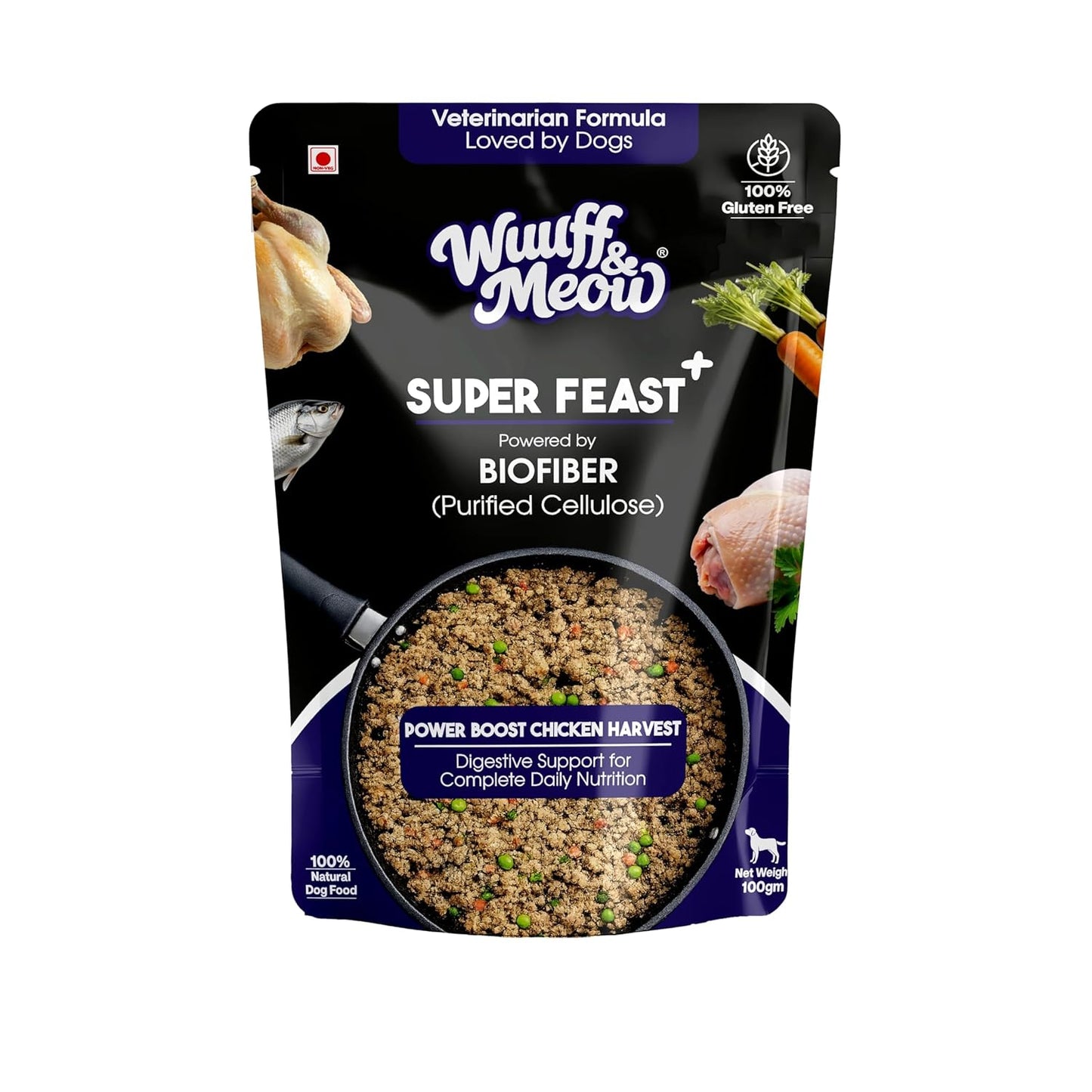 Wuuff&Meow Super Feast+ Gently Cooked Dog Food | Vet-Formulated Superfood Functional Fresh Food for Dogs | Powered By BIOFIBER™ Arbocel® Plant-Based Fiber | (100 g (Pack of 1))