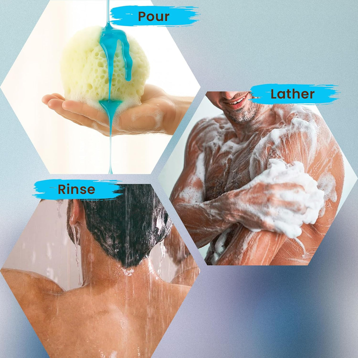 Step-by-step guide to using a soap bar with text labels on a light blue background.