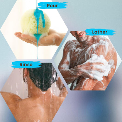 Step-by-step guide to using a soap bar with text labels on a light blue background.
