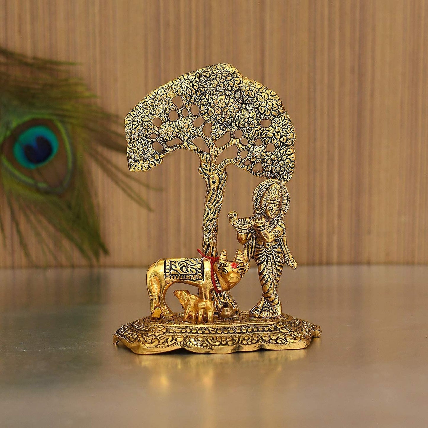 Collectible India Metal Krishna Idol Murti with Kamdhenu Cow - Gold Plated Showpiece (Set of 5)