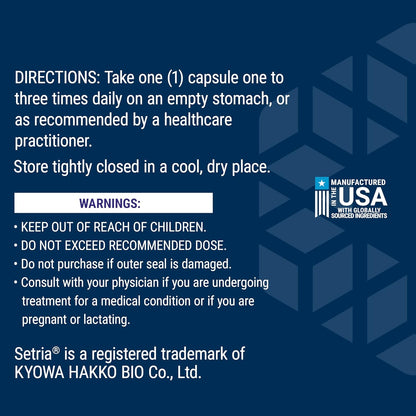 Drug capsule label with directions, warnings, and branding on a blue background