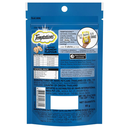 Temptations Crunchy Cat Treats, Savoury Salmon Flavour, 85 g, Goodness of Protein, Vitamins & Minerals, Soft Inside Crunchy Outside