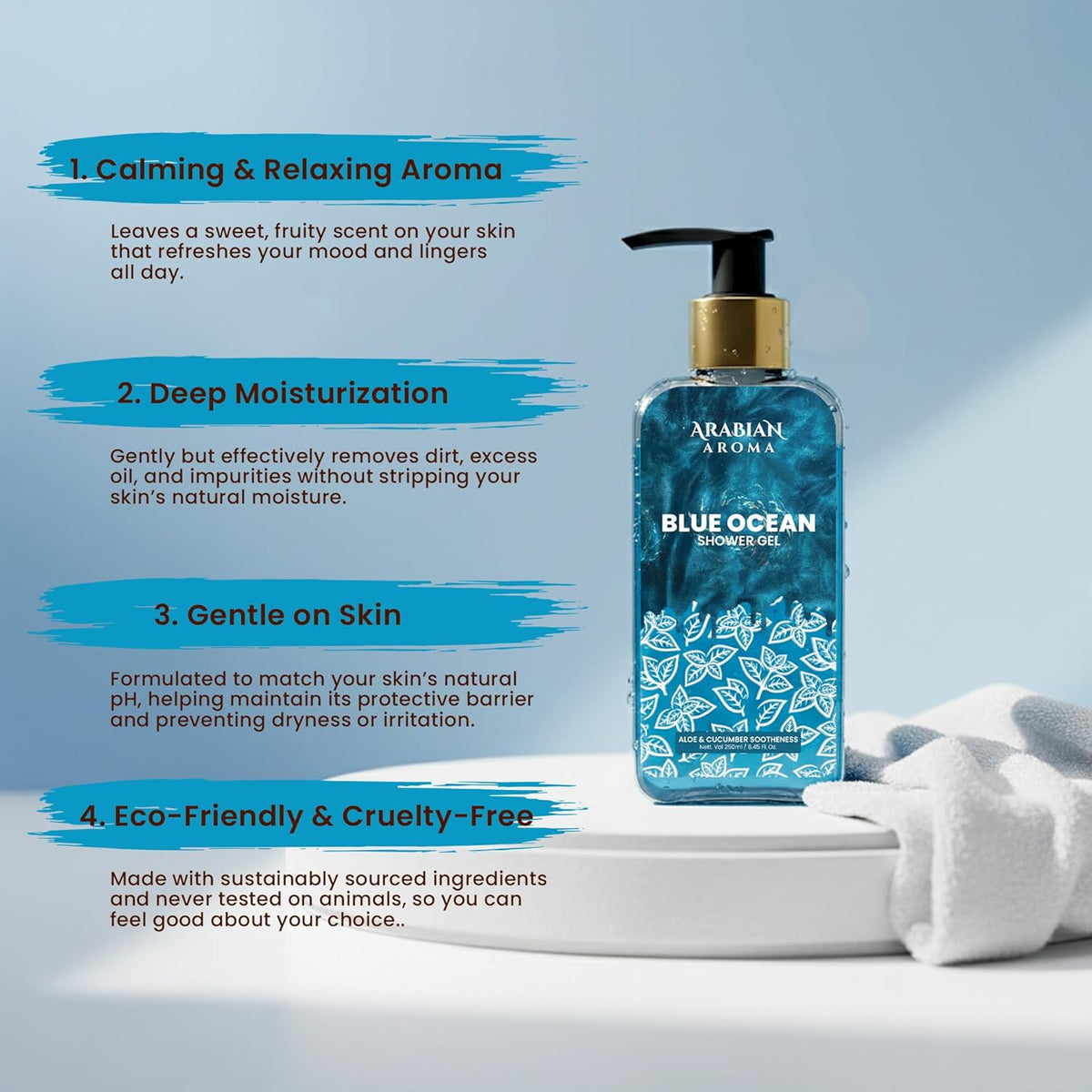 Blue bottle of Arabian Aroma Blue Ocean Lotion with text on a light blue background