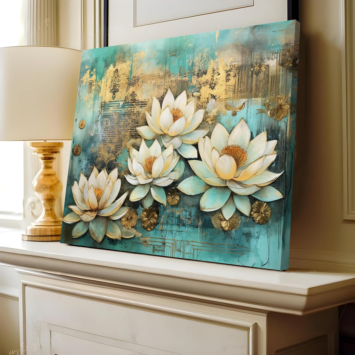 White Lotus Flower Canvas Wall Art Painting for wall decoration, Lotus floral Stretched Canvas Painting for living room, bedroom, Home and Office, 16x22 Inch