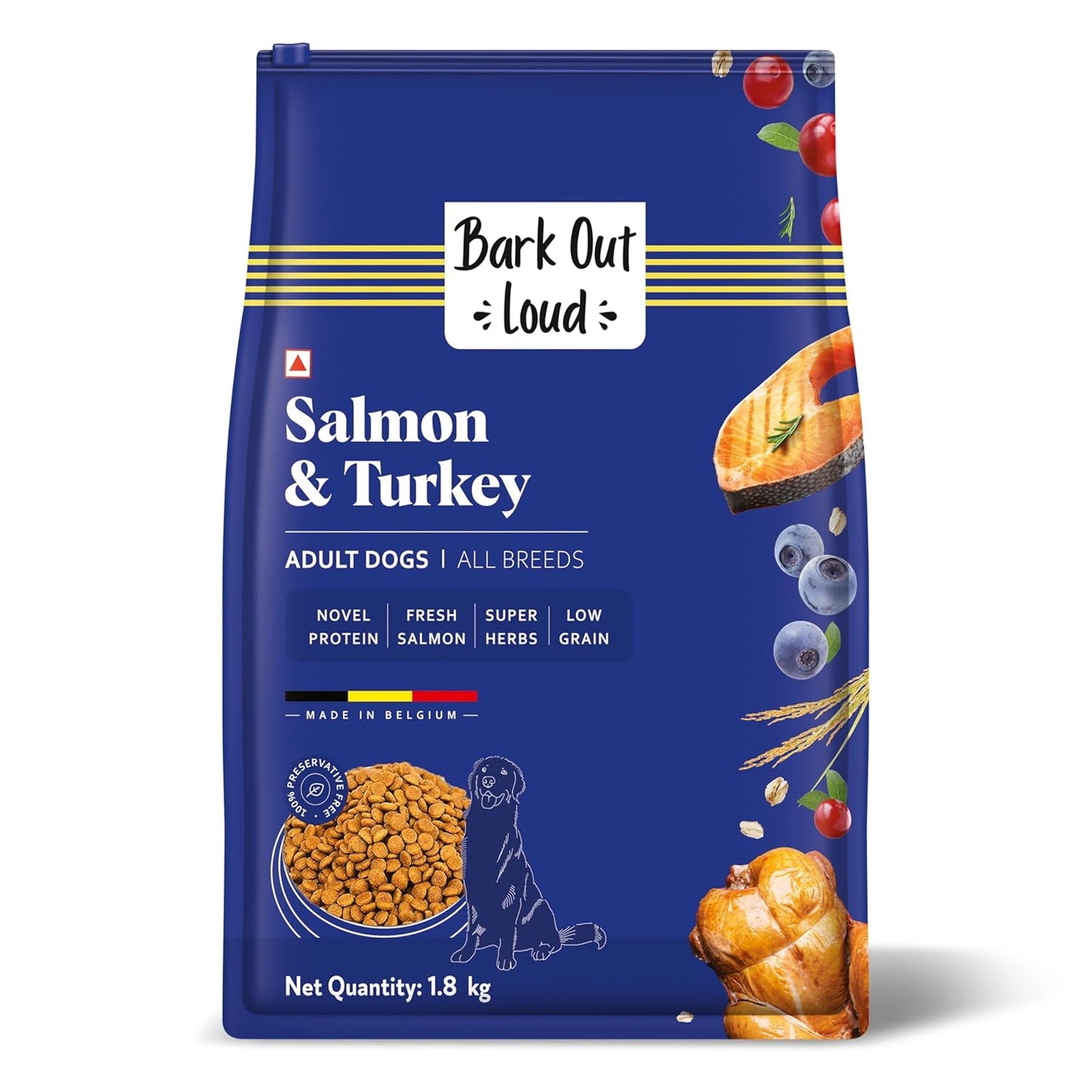 BARK OUT LOUD Dry Dog Food Adult | Fresh Salmon & Turkey, Low Grain, Rich Novel Protein & Prebiotics, Super Herbs for Healthy Skin, Fish Dry Kibbles for Medium/Large Dog, 1.8 kg