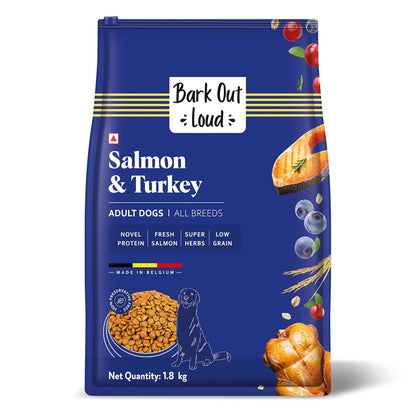 BARK OUT LOUD Dry Dog Food Adult | Fresh Salmon & Turkey, Low Grain, Rich Novel Protein & Prebiotics, Super Herbs for Healthy Skin, Fish Dry Kibbles for Medium/Large Dog, 1.8 kg