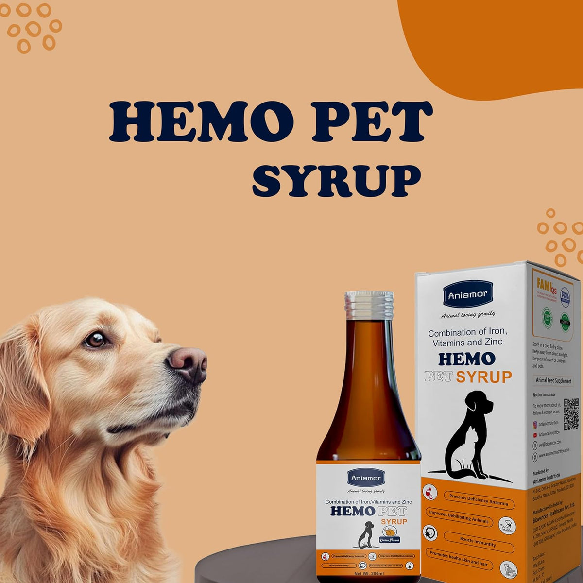 Aniamor Hemo Pet Syrup for Dogs and Cats|Iron Syrup|Iron Syrup|Pets Supplement|All Life Stage|200ml Bottle