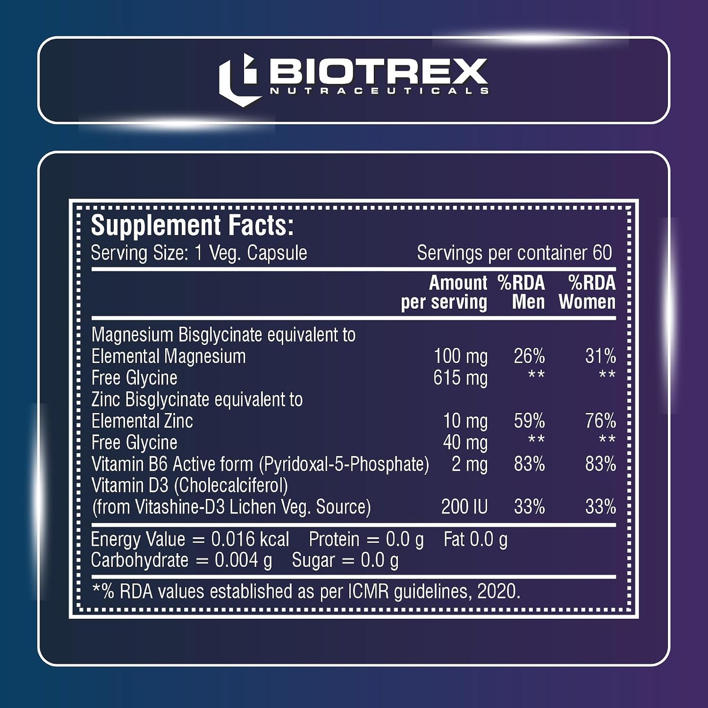 Biotrex Nutraceuticals ZMA Forte | Combination of Magnesium Bisglycinate, Zinc, Glycine, Vitamin B6 & D3 | Highly Bioavailable Form of Magnesium | Sleep Support Formula with Muscle Recovery | Enhances Atheletic Performance & Motility - 60 Veg Capsules