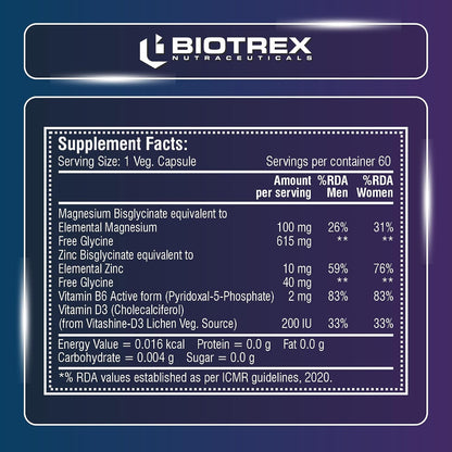 Biotrex Nutraceuticals ZMA Forte | Combination of Magnesium Bisglycinate, Zinc, Glycine, Vitamin B6 & D3 | Highly Bioavailable Form of Magnesium | Sleep Support Formula with Muscle Recovery | Enhances Atheletic Performance & Motility - 60 Veg Capsules