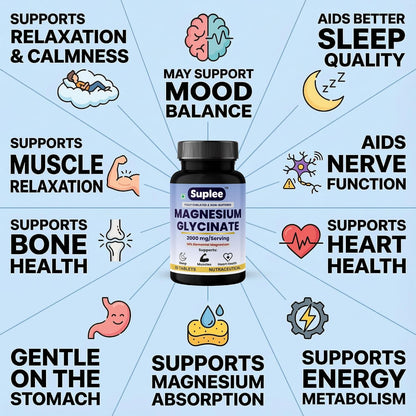 Suplee Magnesium Glycinate 2000mg per Serving | Fully Chelated Non-Buffered Bisglycinate (282mg Elemental Yield) | Supports Deep Sleep, Muscle Recovery & Heart Health | Gentle on Stomach | 60 Vegetarian Tablets