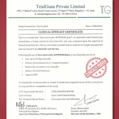 Clinical Efficacy Certificate for Sesa Ayurvedic Activslim Juice with TrialGuna Private Limited branding.