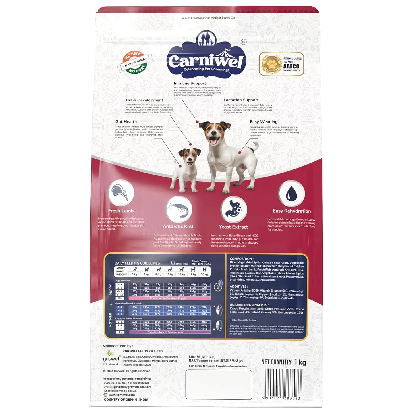 Carniwel Fresh Lamb Starter Dry Dog Food 1 Kg | Natural Ingredients for Easy Weaning | GMO-Free | Highly Palatable | Immune & Lactation Support | Premium Nutrition | Tailored for Small Dogs