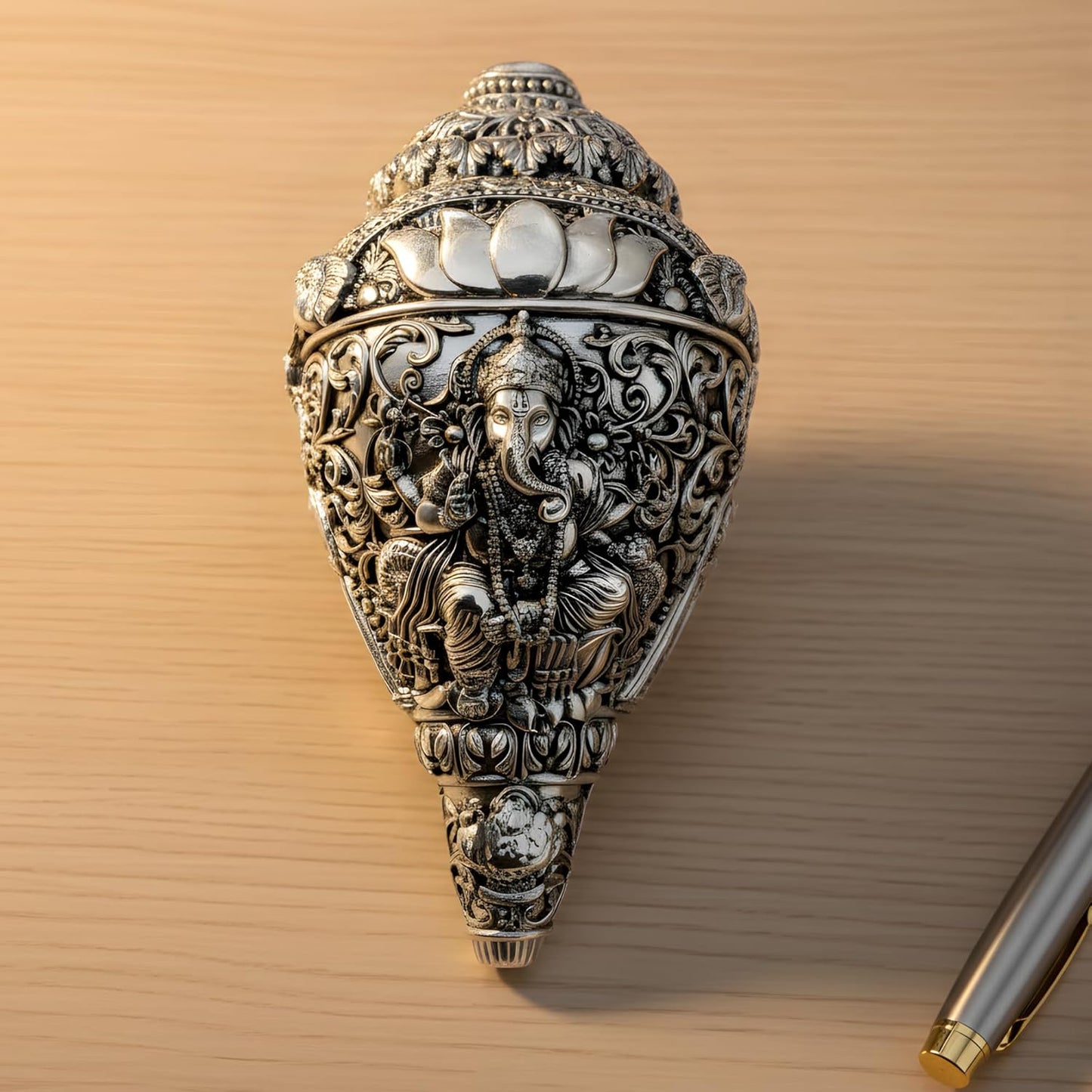 Dev Aastha 999 Pure Silver Plated Ganesh Shankh | 6 Inch Grand Vastu Showpiece for Success & Wealth | Sacred Conch Shell Idol for Home Temple & Altar