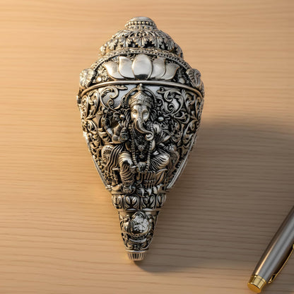Dev Aastha 999 Pure Silver Plated Ganesh Shankh | 6 Inch Grand Vastu Showpiece for Success & Wealth | Sacred Conch Shell Idol for Home Temple & Altar