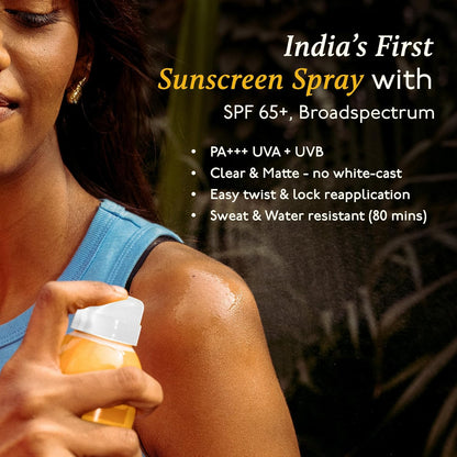 Person applying sunscreen spray with text highlighting features of the product.