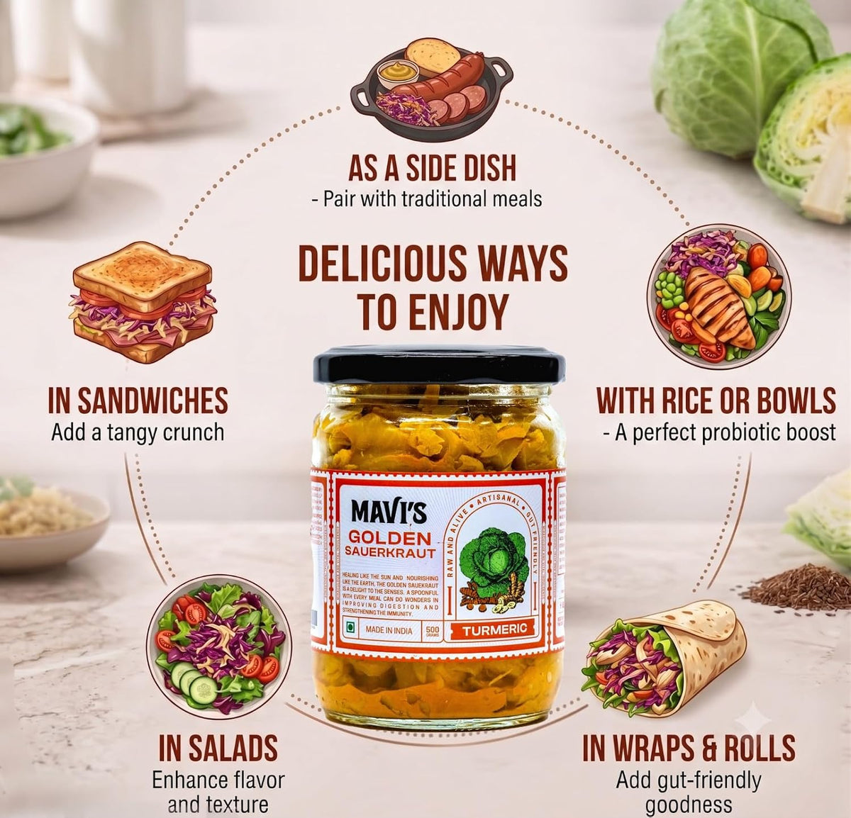 MAVI's Golden Sauerkraut| Spicy, Organic & Natural Cabbage & Fresh Turmeric | Gut friendly | 100% Natural & Vegan | No Preservatives | No Artificial Flavour or Colour | 500g (Pack of 1)