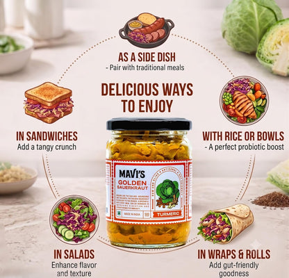 MAVI's Golden Sauerkraut| Spicy, Organic & Natural Cabbage & Fresh Turmeric | Gut friendly | 100% Natural & Vegan | No Preservatives | No Artificial Flavour or Colour | 500g (Pack of 1)