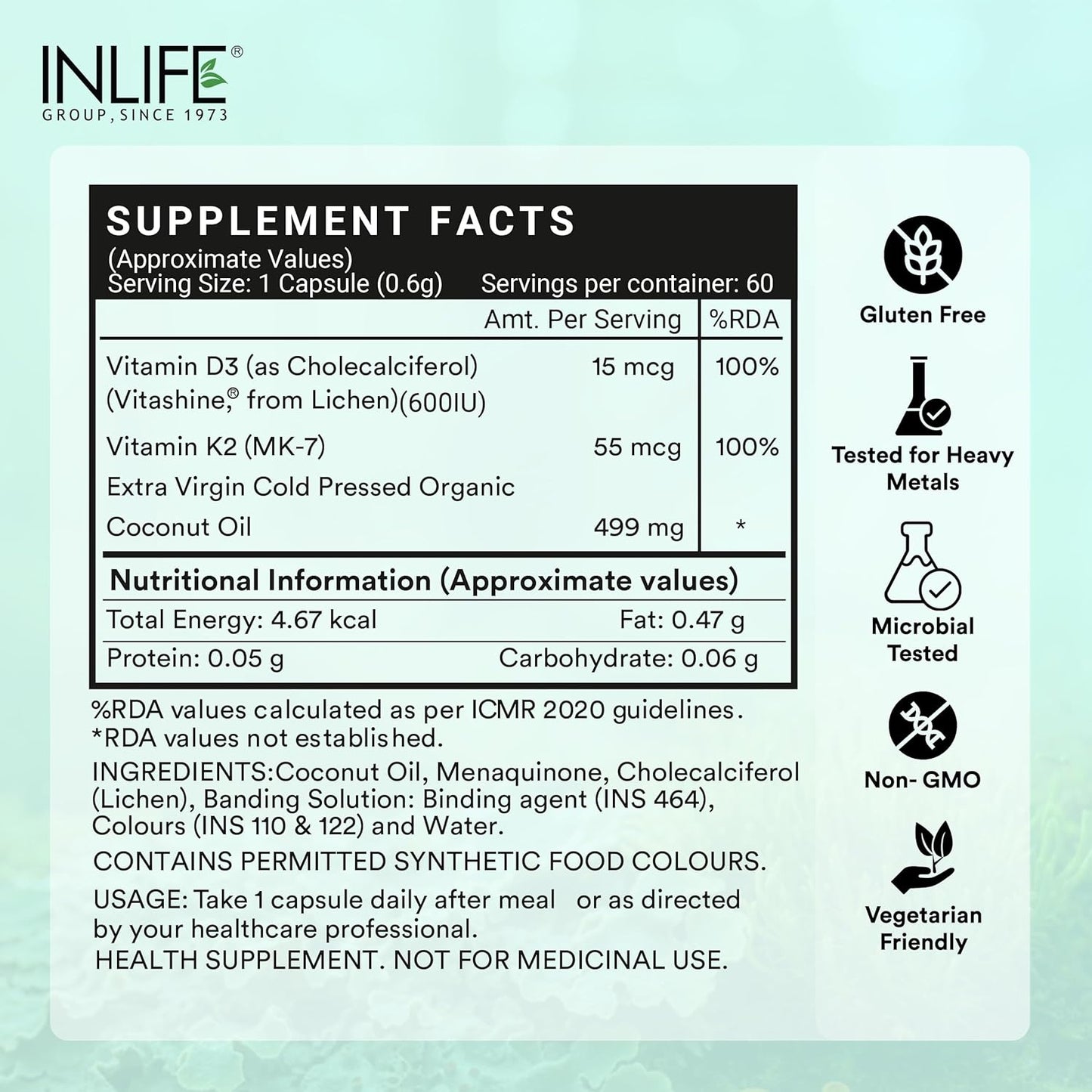 INLIFE Plant Based Vitamin D3 K2 Supplement from Lichen Source with Extra Virgin Cold Pressed Coconut Oil for Bone Health & Immune Support, 600 IU - 60 Vegetarian Capsules (Pack of 1)