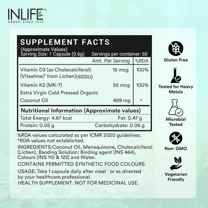 INLIFE Plant Based Vitamin D3 K2 Supplement from Lichen Source with Extra Virgin Cold Pressed Coconut Oil for Bone Health & Immune Support, 600 IU - 60 Vegetarian Capsules (Pack of 1)