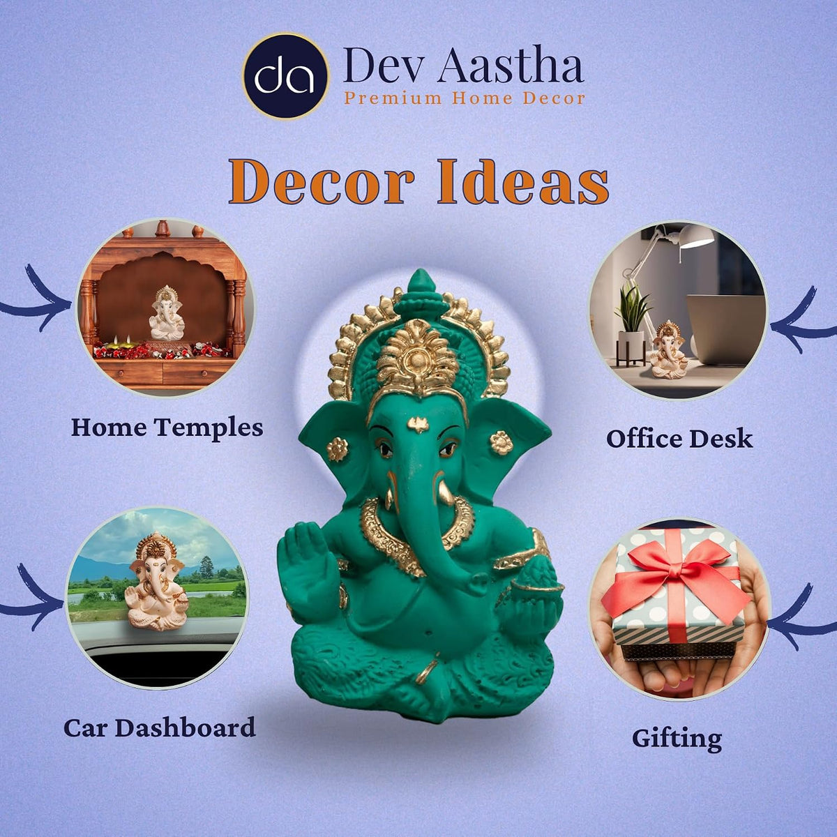 Lord Ganesha Idol for Car Dashboard, Home Decor & Pooja | Resin Gold Plated Ganpati Murti | 3.5 Inch Ganesh Statue for Gift, Diwali, Housewarming, Baby Shower, Mandir Decor, Mint Green, P-1