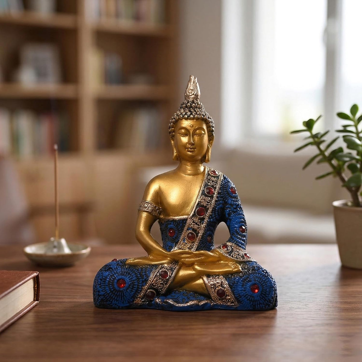 6x8 Inch Meditating Sitting Buddha Idol Statue for Living Room | Resin Buddha Showpiece for Home Decor, Office, Temple & Gifting Item | Blue