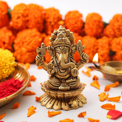 3 Inch Pure Brass Kamal Ganesh Idol | Lotus Seated Vighnaharta Murti for Home Temple, Pooja Room, Office Desk & Spiritual Decor | Ideal for Pooja, Diwali & Festive Gifting