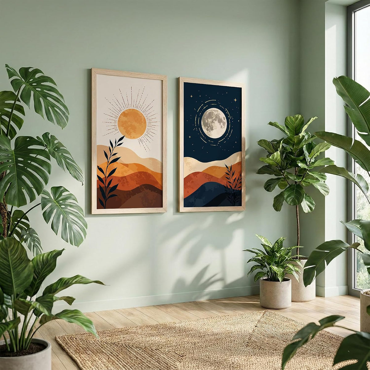Minimalist Sun Moon Wall Art Set of 2 Framed Mountain Landscape Prints, Boho Neutral Scandinavian Decor, Wooden Frames, 10x19 Inch (Art-13)