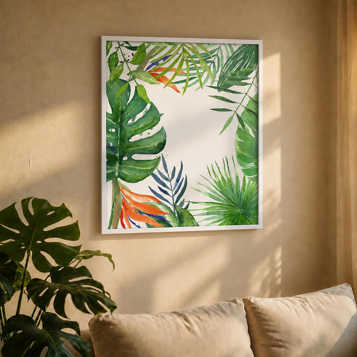 Tropical Green Leaves Framed Canvas Wall Art Painting for wall decoration | Botanical Leaf Nature Inspired Painting for Living Room, Bedroom and Office, 11x13 Inch
