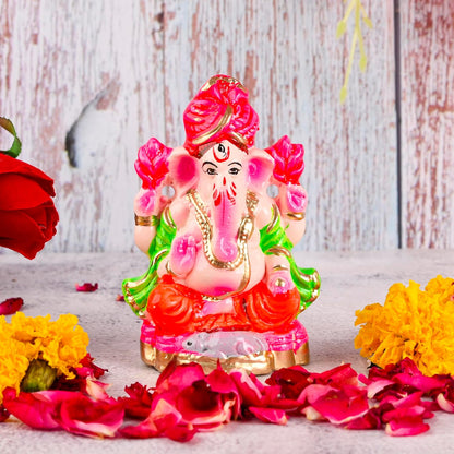 Mitti Ganesh Idol | Eco-Friendly Mud/Clay 4 Bhuja Colorful Ganesh Murti | Ganpati Figurine for Visarjan | Biodegradable Ganesha Statue | Ganesh Chaturthi(4x3 Inches) (Regular Quality)