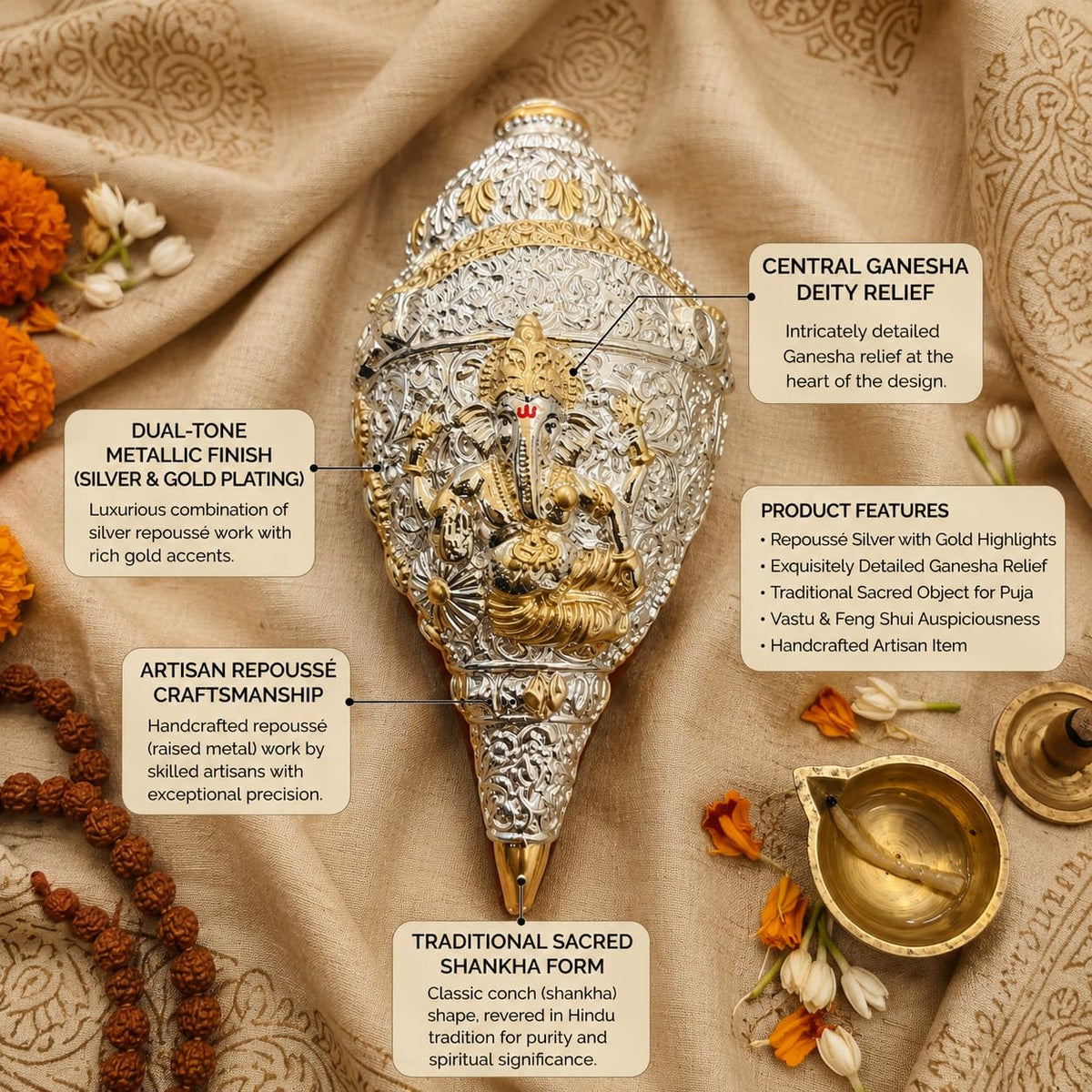 Vinayaka Fab 999 Pure Silver Plated & 24K Gold Plated Ganesh Shankh with Velvet Box - Sacred Vastu Conch Shell Idol for Home Temple, Office & Auspicious Gift (Silver and Gold, 5.5 Inch)