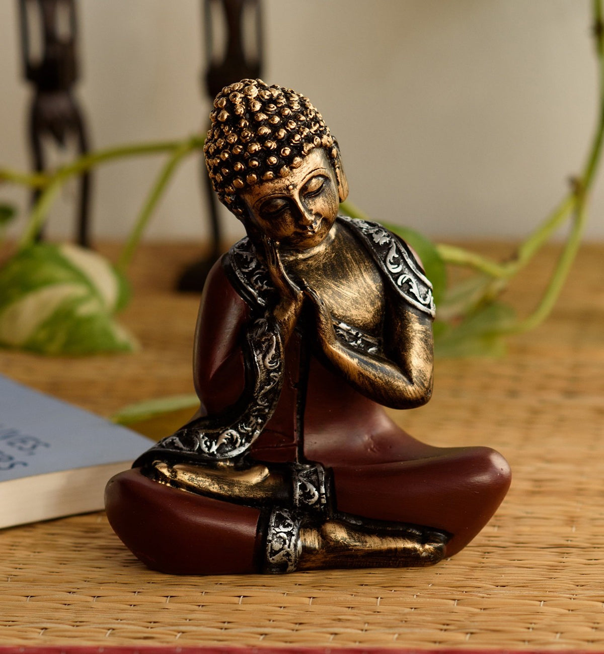 Antique Finish Handcrafted Thinking Buddha Polyresin Statue (12.5 cm x 7.5 cm x 16.25 cm, Red and Black)