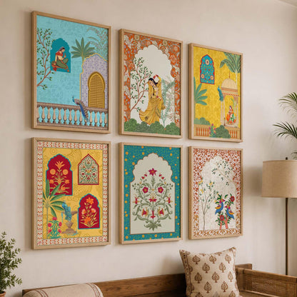 Madhubani & Pichwai Indian Traditional Wall Art Set of 6, Framed Paintings for Living Room, Bedroom & Office Decor, Indian Folk Art Prints, 10x13 Inch