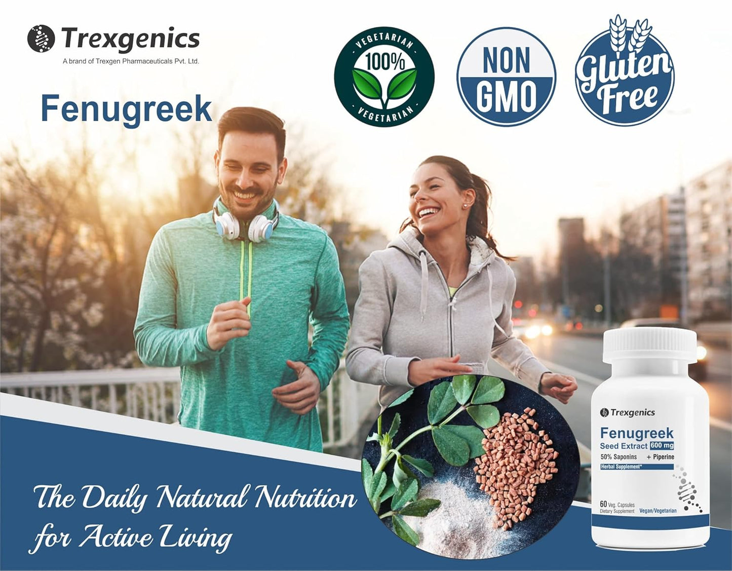 Advertisement for Trexgenics Fenugreek supplement with a man and woman exercising outdoors, featuring product packaging and branding elements.