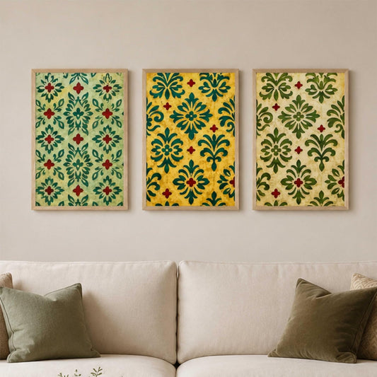Set of 3 Green Floral Pattern Wall Paintings for Living Room Bedroom Hallway Home Decor with Premium Wooden Color Synthetic Frame (13.5 x 19.5 Inch) NM03-77