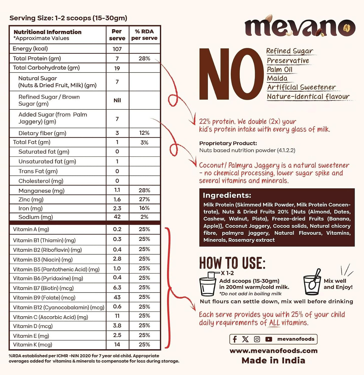 Mevano 7 Nuts Nutrition Drink Powder for Kids 3-10 age, 150g | Refined SUGAR FREE, 22% Protein, All Natural | 7 Nuts & Dry Fruits Powder - Badam, Cashew, Walnut, Pista, Date | Chocolate Milk Mix