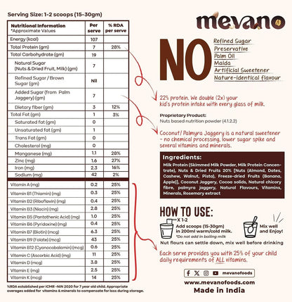 Mevano 7 Nuts Nutrition Drink Powder for Kids 3-10 age, 150g | Refined SUGAR FREE, 22% Protein, All Natural | 7 Nuts & Dry Fruits Powder - Badam, Cashew, Walnut, Pista, Date | Chocolate Milk Mix