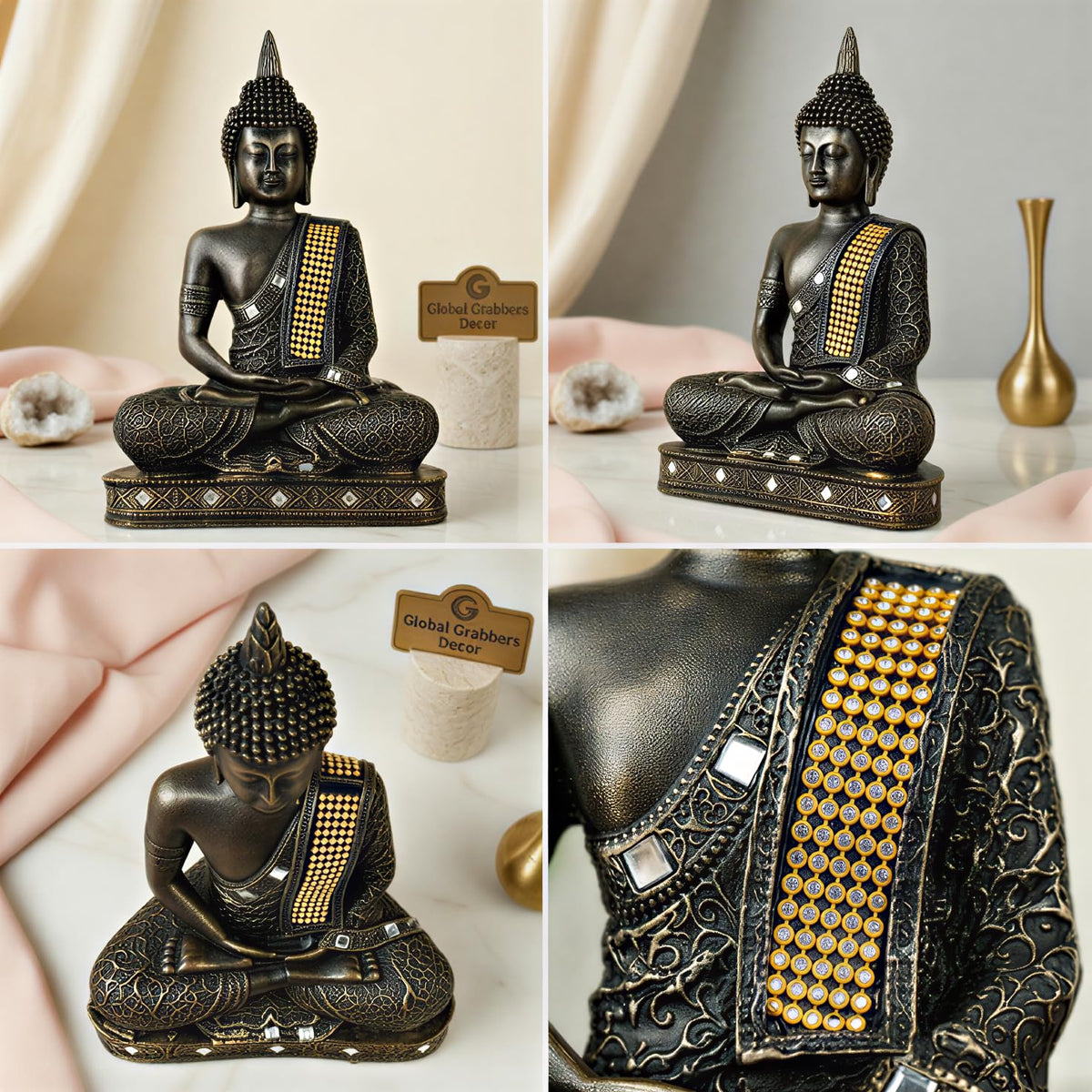 New Limited Edition 25 Centimetre Meditating Sitting Buddha Idol Statue showpiece Home Decor Decoration Items for Living Room and Gifts (Antique Golden)