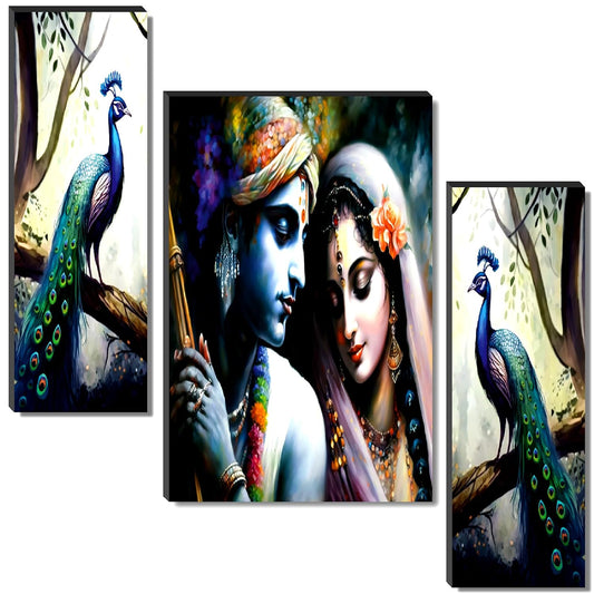 Radha Krishna Serenity & Forest Peacock Wall Art – 3-Panel UV-Printed Spiritual Décor | Ready-to-Hang Triptych for Living Room, Bedroom & Pooja (20 Inch x 12 Inch) JM-35291