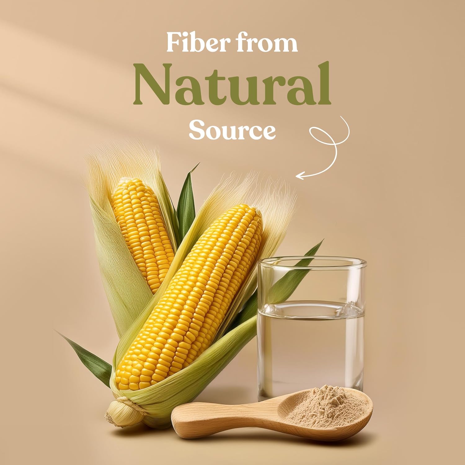 Corn on the cob, glass of water, and wooden spoon with cornmeal on a beige background with text 'Fiber from Natural Source'.