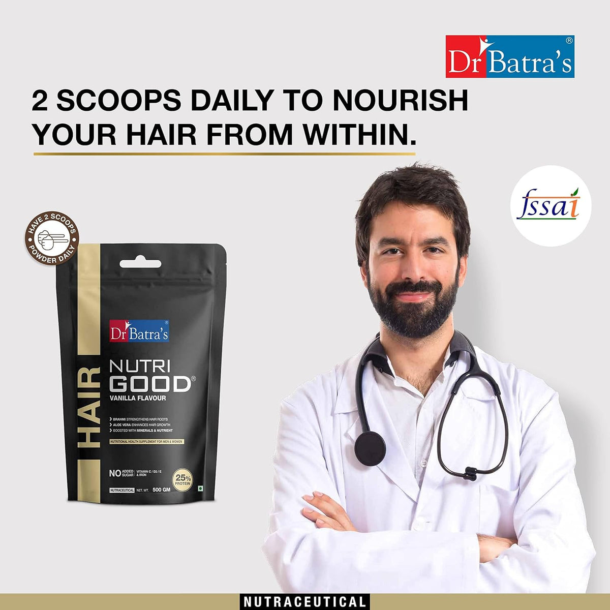 Dr Batra’s Nutrigood Hair Protein Powder 500g Vanilla with Brahmi, Biotin, Collagen & Keratin | Supplement for Hair Fall Control, Hair Growth, Stronger Thicker Hair & Scalp Nourishment | For Men & Women