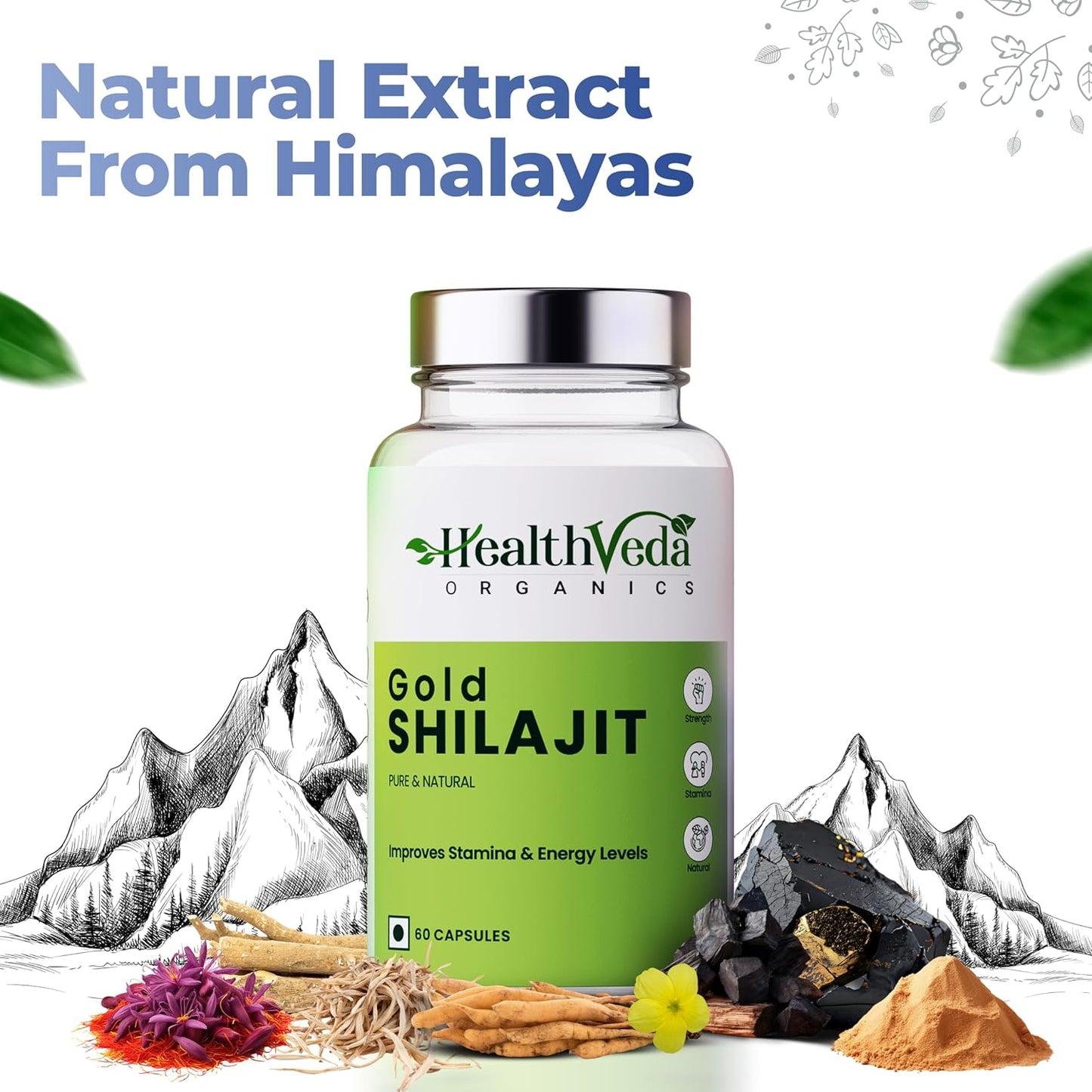 Zephivo Health Veda Organics Original Gold Shilajit with Ashwagandha, Safed Musli, Gokharu & Kesar, +10 Ayurvedic Herbs, Build Muscle Mass - 60 Veg Capsules