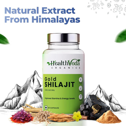 Zephivo Health Veda Organics Original Gold Shilajit with Ashwagandha, Safed Musli, Gokharu & Kesar, +10 Ayurvedic Herbs, Build Muscle Mass - 60 Veg Capsules