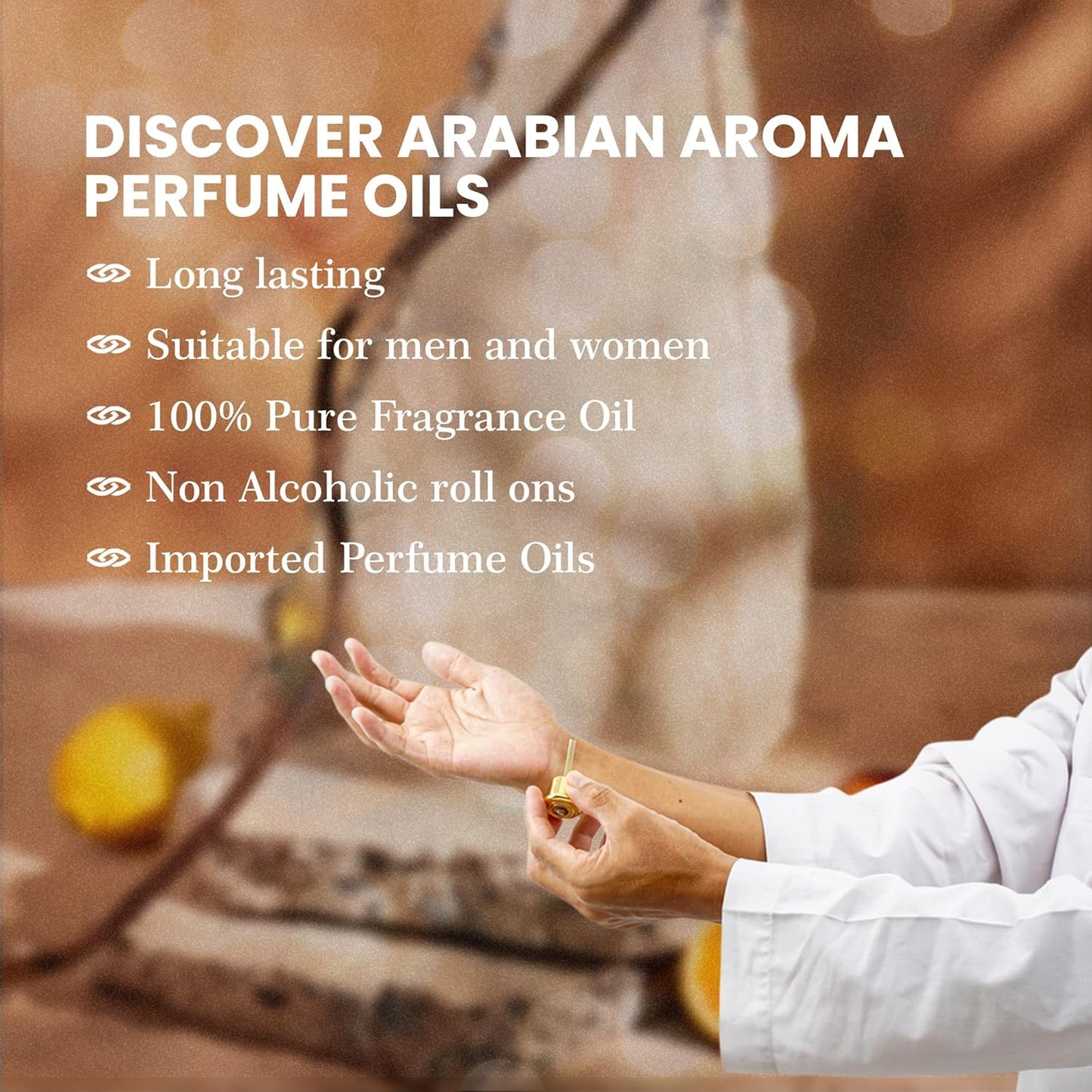Person applying perfume oil with text about Arabian Aroma perfume oils.