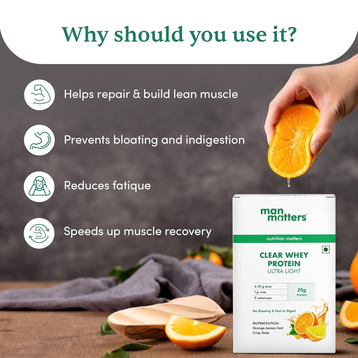 Man Matters Clear Whey Protein Powder (Orange Flavour) | No Added Sugar | For Muscle Support & Recovery | Ultra Light Formulation | 170g (34g x 5 Sachet) | Vegetarian & Gluten Free