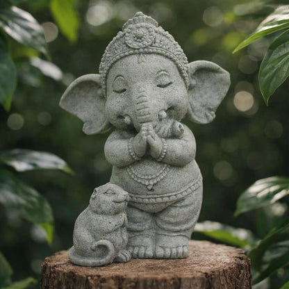 Sandstone Baby Ganesh Idol with Mushak for Home & Garden